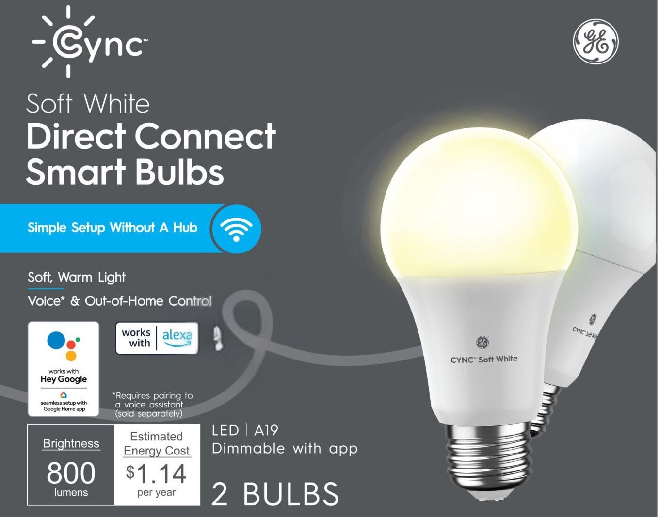 slide 4 of 6, GE Cync 60 -Watt EQ A19 Soft white Medium base (E-26) Dimmable Smart LED General purpose Light Bulb 2 -Pack, 1 ct