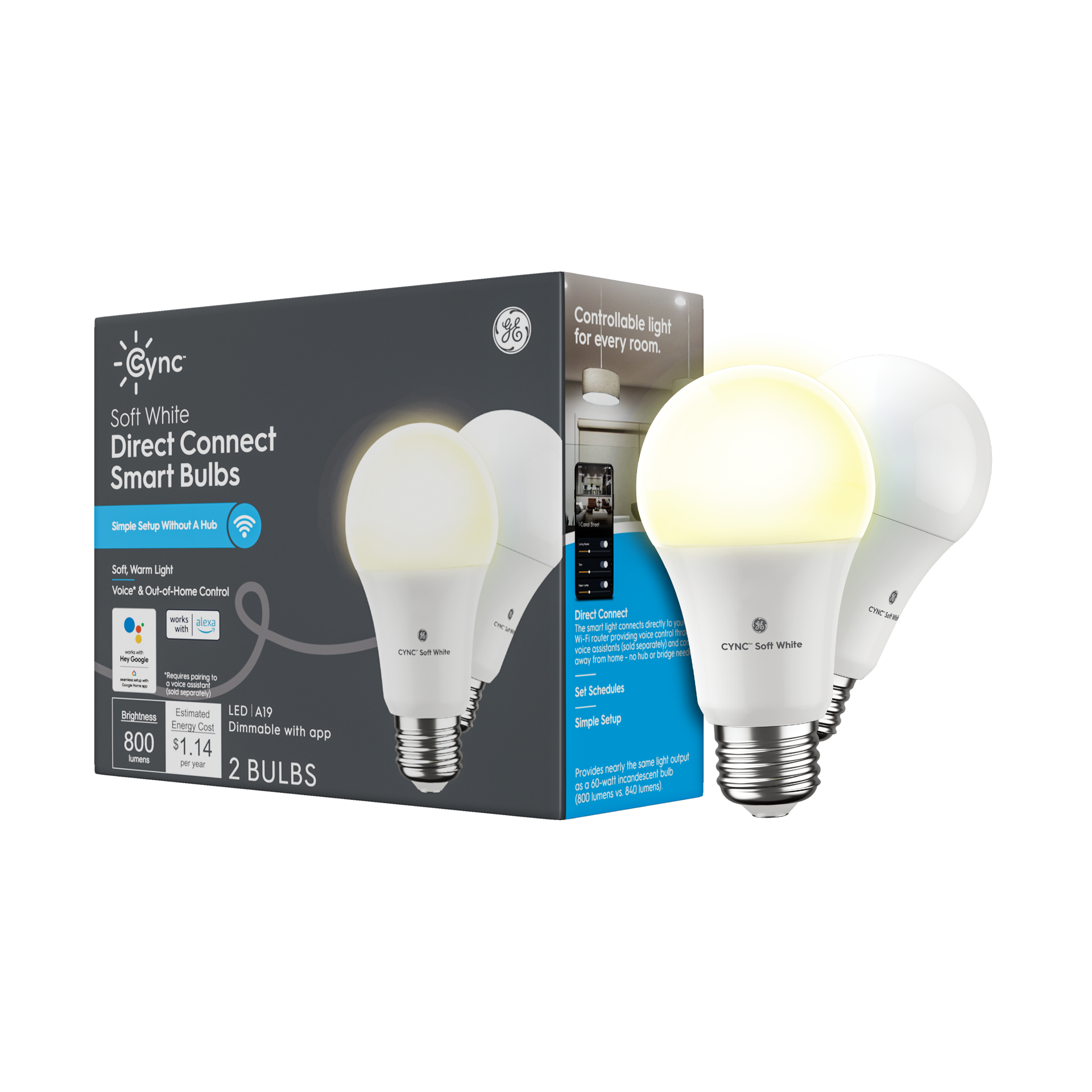slide 1 of 6, GE Cync 60 -Watt EQ A19 Soft white Medium base (E-26) Dimmable Smart LED General purpose Light Bulb 2 -Pack, 1 ct