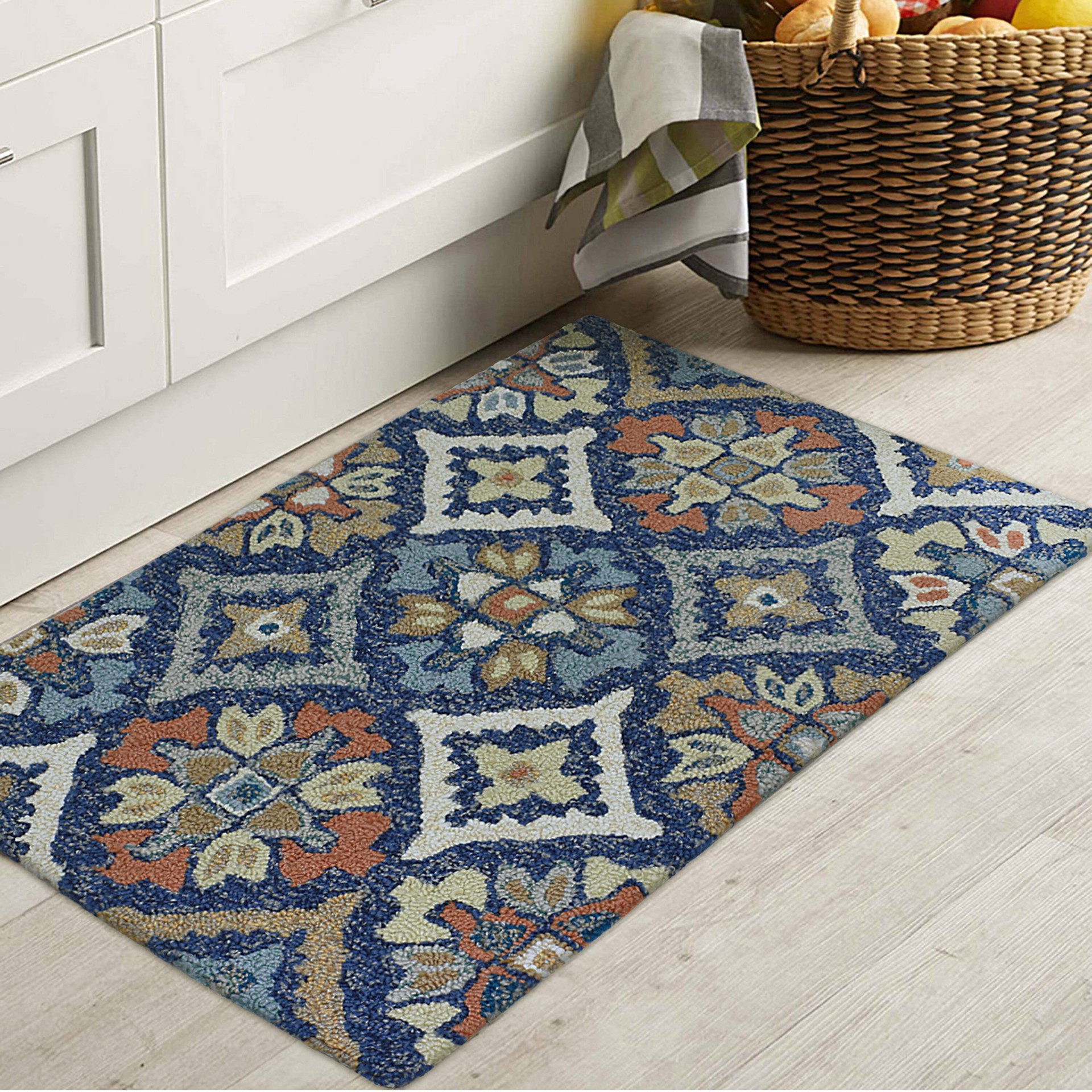 slide 1 of 6, allen + roth with STAINMASTER 2 x 3 (ft) Tufted Blue Multi Rectangular Indoor/Outdoor Medallion Throw rug, 1 ct