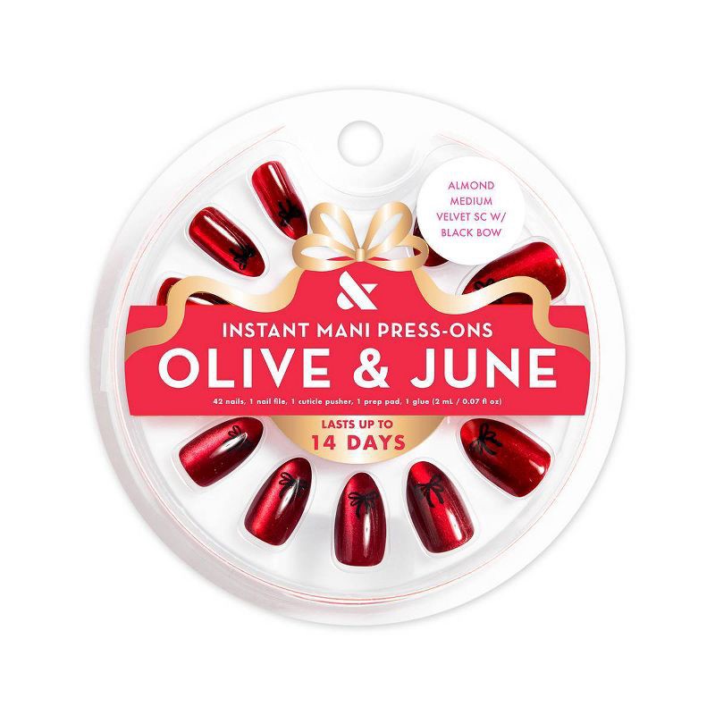 slide 1 of 5, Olive & June Press-On Fake Nails - M Almond - Velvet SC with Black Bow - 42ct, 42 ct