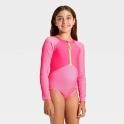 Girls' Long Sleeve Pretty Rad One Piece Swimsuit - Cat & Jack™ Zealous Pink XL