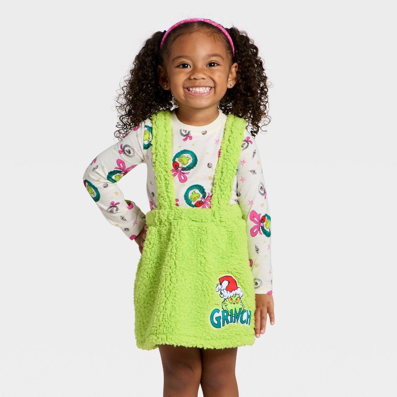 slide 1 of 4, Toddler Girls' 2pc The Grinch Christmas Faux Shearling Skirt and Long Sleeve T-Shirt Set - Green 5T, 2 ct