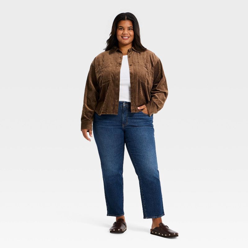 slide 3 of 3, Women's Long Sleeve Cropped Corduroy Collared Neck Button-Down Shirt - Universal Thread™ Brown XXL, 1 ct