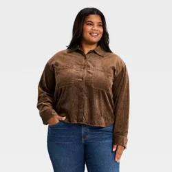 Women's Long Sleeve Cropped Corduroy Collared Neck Button-Down Shirt - Universal Thread™ Brown XXL