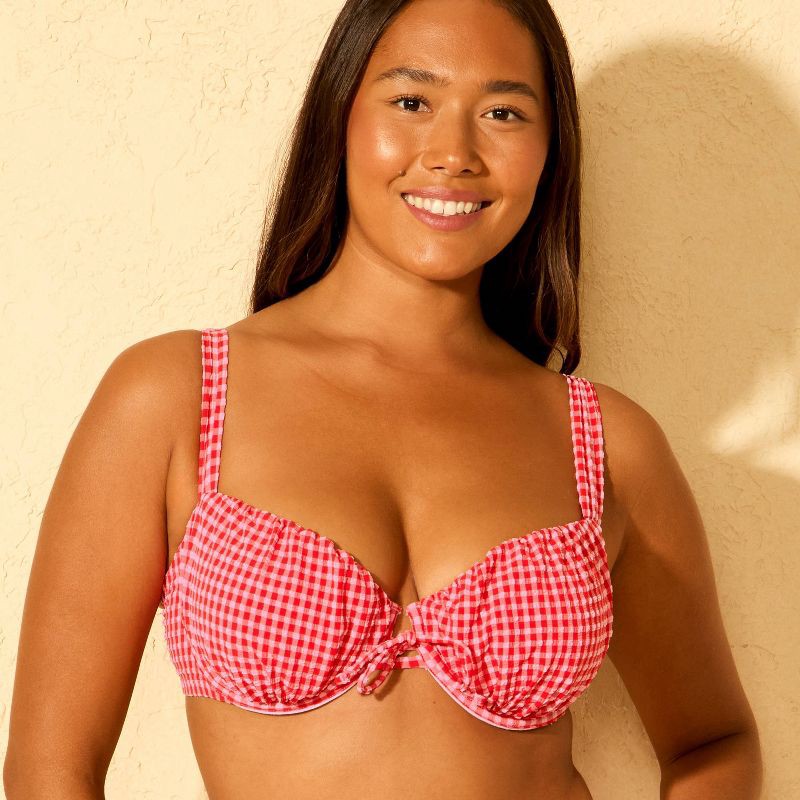 slide 3 of 3, Women's Gingham Seersucker Center Tie Underwire Bikini Top - Wild Fable™ Red/Pink D/DD Cup, 1 ct