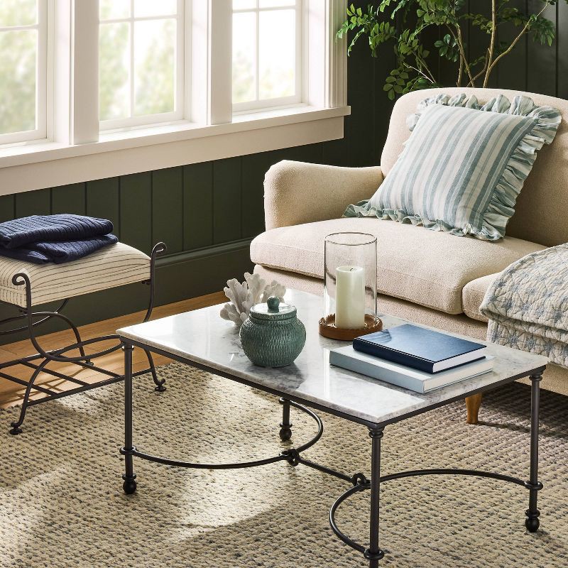 slide 2 of 4, Threshold designed w/Studio McGee Square Woven Stripe Throw Pillow with Ruffle Blue/Ivory - Threshold™ designed with Studio McGee, 1 ct