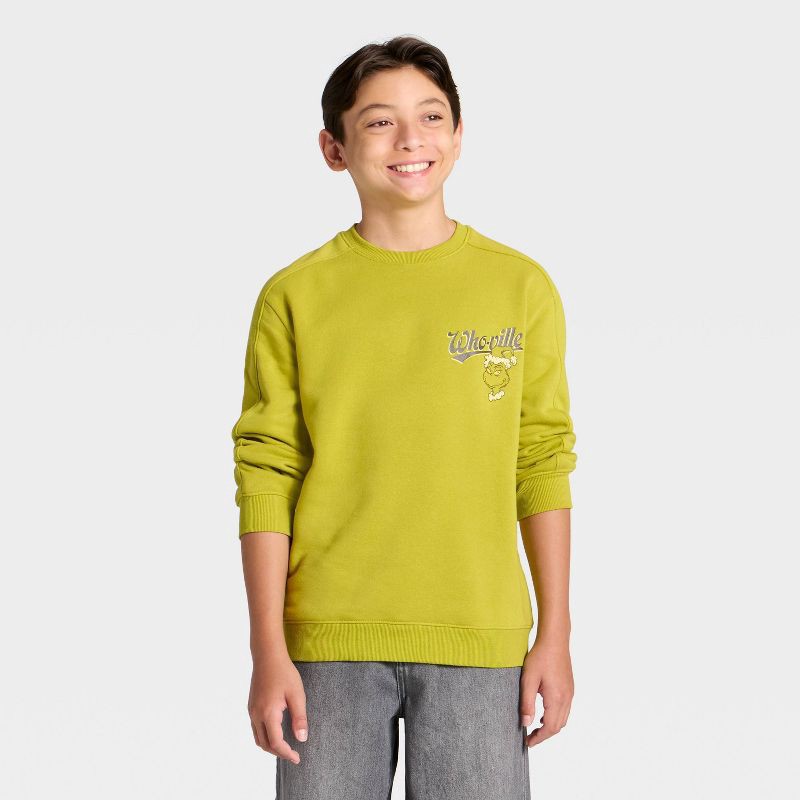 slide 3 of 4, Boys' The Grinch Whoville Front and Back Graphic Fleece Sweatshirt - Green XS, 1 ct