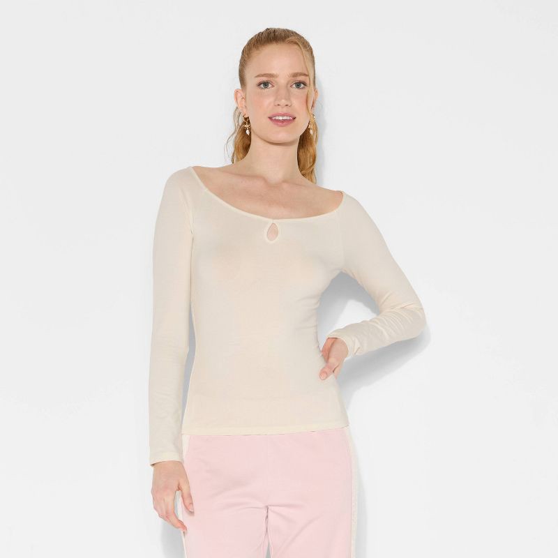 slide 2 of 4, Women's Slim Fit Long Sleeve Keyhole T-Shirt - Wild Fable™ Off-White S, 1 ct