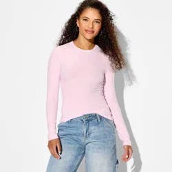 Women's Slim Fit Long Sleeve Crewneck Long and Lean T-Shirt - Wild Fable™ Light Pink S