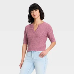 Women's Short Sleeve Button-Up Crewneck Pullover Sweater - Universal Thread™ Mauve S