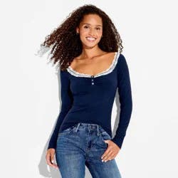 Women's Long Sleeve Lace Henley Shirt - Wild Fable™ Navy Blue L