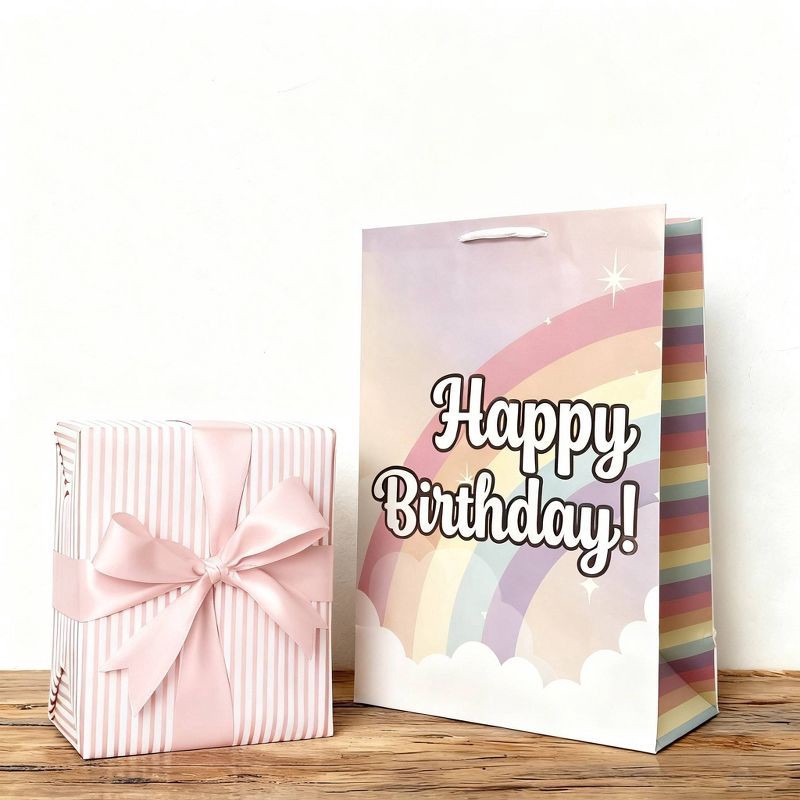 slide 2 of 3, Bows And Sparkles XL 'Happy Birthday' Rainbow Gift Bag with Tag Pink, 1 ct