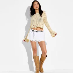 Women's Boat Neck Crochet Pullover Sweater - Wild Fable™ Cream L