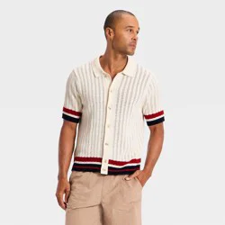 Men's Short Sleeve Full Button Americana Open Work Sweater Polo - Goodfellow & Co™ Cream L