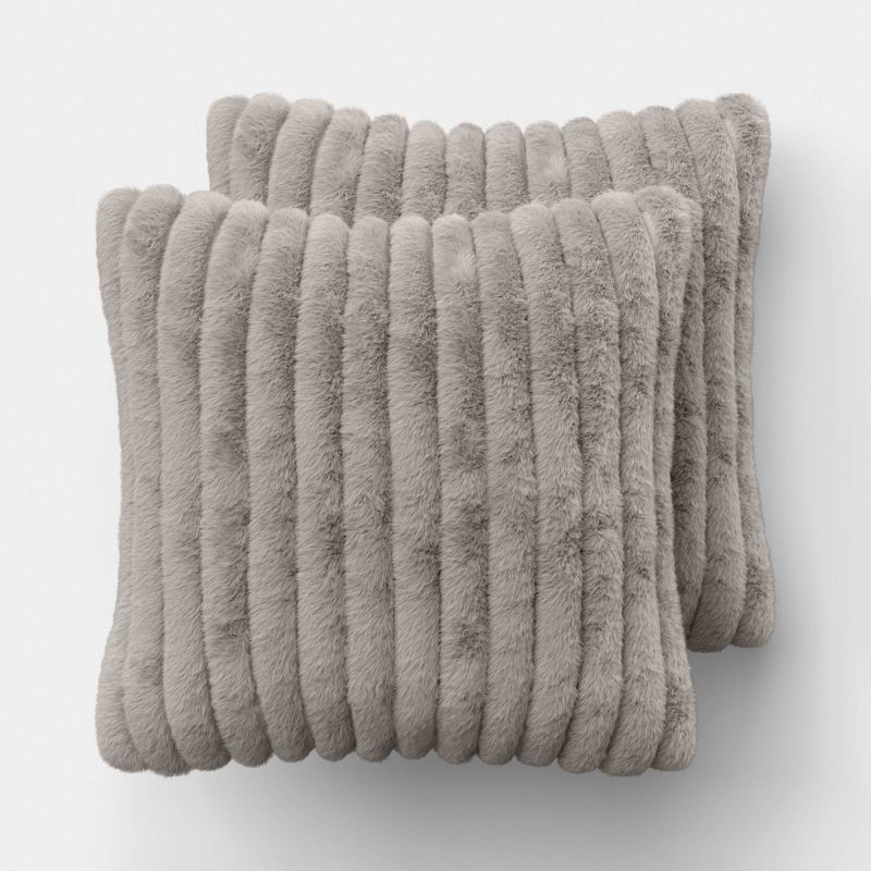 slide 1 of 5, 2pk Ribbed Faux Fur Toss Pillows Gray - Room Essentials™, 2 ct