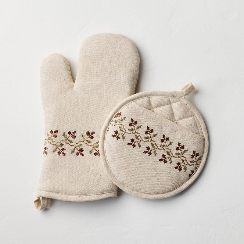 slide 1 of 3, Hearth & Hand with Magnolia Oven Mitt Set Sour Cream with Stitched Icon - Hearth & Hand™ with Magnolia, 1 ct