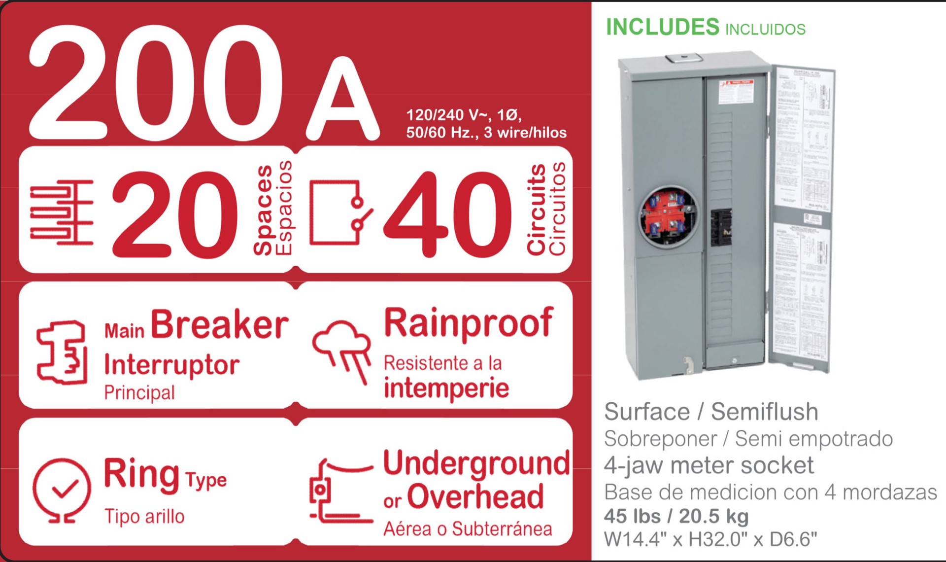 slide 4 of 5, Square D 200 -Amp 20 -Spaces 40 -Circuit Outdoor Main Breaker Meter Combo Load Center, 1 ct