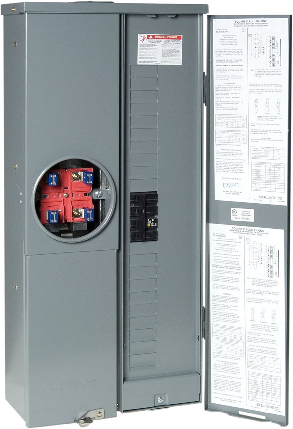 slide 5 of 5, Square D 200 -Amp 20 -Spaces 40 -Circuit Outdoor Main Breaker Meter Combo Load Center, 1 ct