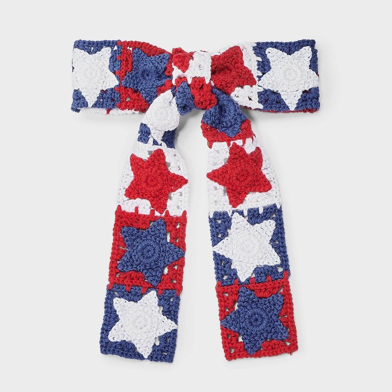 slide 1 of 3, Americana Crochet Knit Star Icon Bow - Red/White/Blue, 1 ct