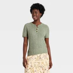 Women's Short Sleeve Heirloom Henley Pullover Sweater - Universal Thread™ Heather Green M