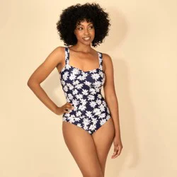 Lands' End Women's Shirred Bandeau One Piece Swimsuits - Dark Blue/White L
