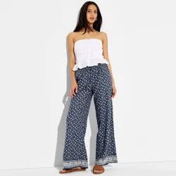Women's Low-Rise Baggy Leg Linen Pull-On Pants - Wild Fable™ Navy Blue Paisley M
