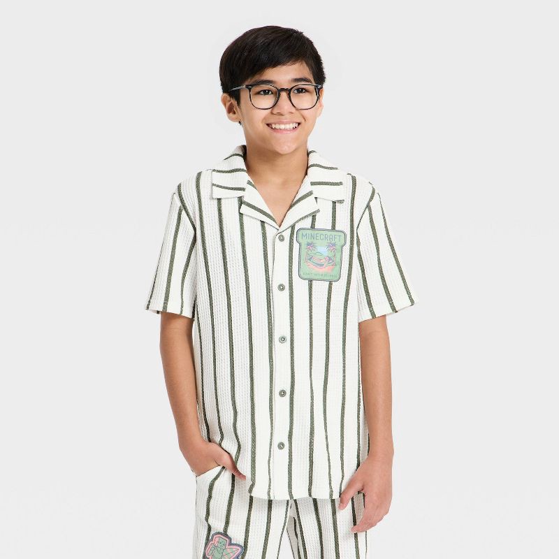 slide 1 of 4, Boys' Minecraft Short Sleeve Button-Down Shirt - White/Olive Green S, 1 ct