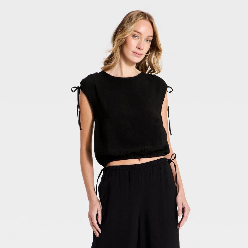 slide 1 of 3, Women's Modern Gauze Side-Tie Top - A New Day™ Black L, 1 ct