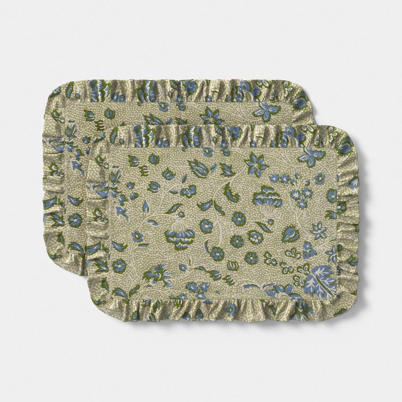 slide 1 of 4, 2pk Cotton Ruffle Vintage Floral Placemat Green - Threshold™, 2 ct