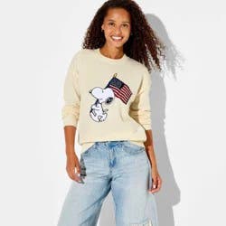 Women's Peanuts Snoopy Flag Graphic Pullover Sweater - Ivory XS