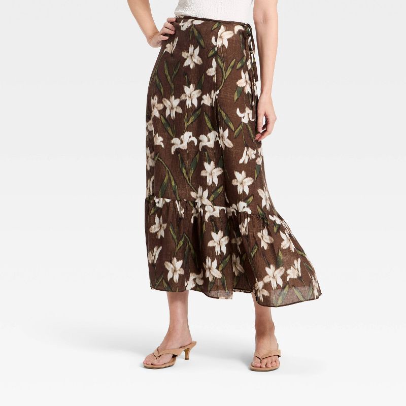 slide 1 of 3, Women's Floral Wrap Maxi Skirt - A New Day™ Brown M, 1 ct