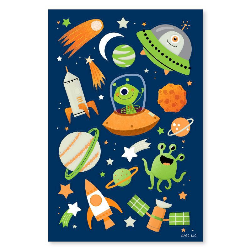 slide 1 of 4, American Greetings Whimicial Outerspace Stickers for Kids, Aliens, Rockets, and Planets 50ct, 2 Sheets, 50 ct; 2 sheets