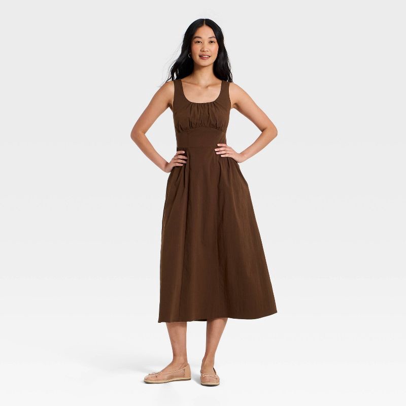 slide 1 of 3, Women's Corset Smock Midi Dress - A New Day™ Brown S, 1 ct