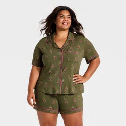 Women's Cloud Knit Modal Short Sleeve Notch Collar Top and Shorts Pajama Set - Auden™ Olive Green XXL
