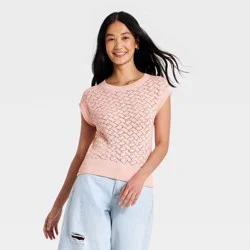 Women's Cap Sleeve Pointelle Crewneck Pullover Sweater - Universal Thread™ Pink S