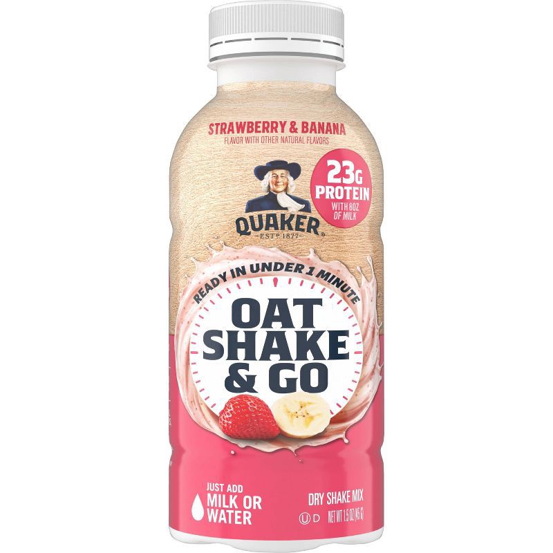 slide 1 of 7, Quaker Oat Shake & Go, 23g Protein with Milk, Strawberry Banana 1.5 oz, 1.5 oz