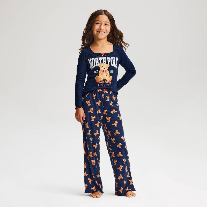 slide 1 of 4, Girls' Grayson Threads Kids Holiday North Pole Bear Long Sleeve 2pc Pajama Set - Blue L, 2 ct