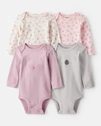 Carter's Baby Girl 4-Pack Koala Print Cotton Long-Sleeve Bodysuits - Purple/White/Pink Multi 3M