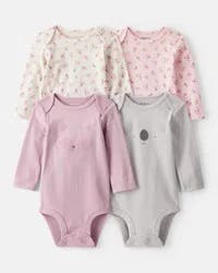 Carter's Baby Girl 4-Pack Koala Print Cotton Long-Sleeve Bodysuits - Purple/White/Pink Multi 3M