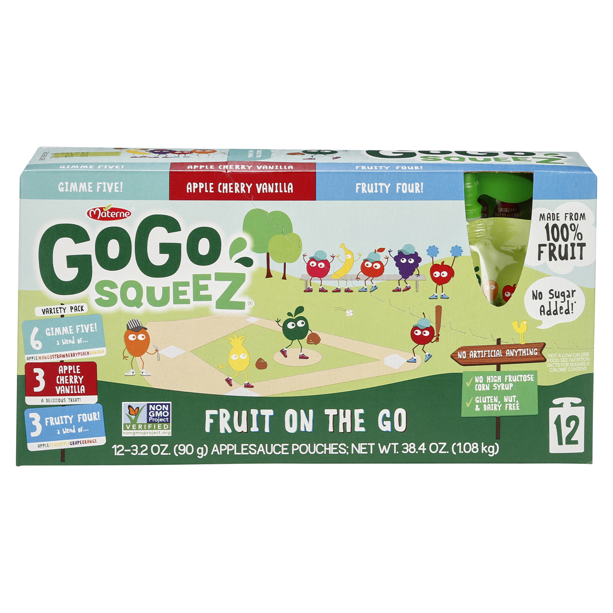 slide 1 of 1, GoGo squeeZ Fruit On The Go No Sugar Added Variety Pack, 12-3.2 Oz Applesauce Pouches, 38.4 oz