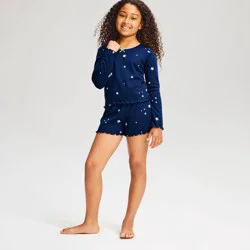 Girls' Stars Long Sleeve Pointelle 2pc Pajama Set - Cat & Jack™ Navy Blue L