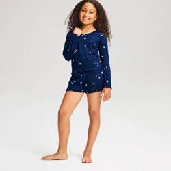 Girls' Stars Long Sleeve Pointelle 2pc Pajama Set - Cat & Jack™ Navy Blue L