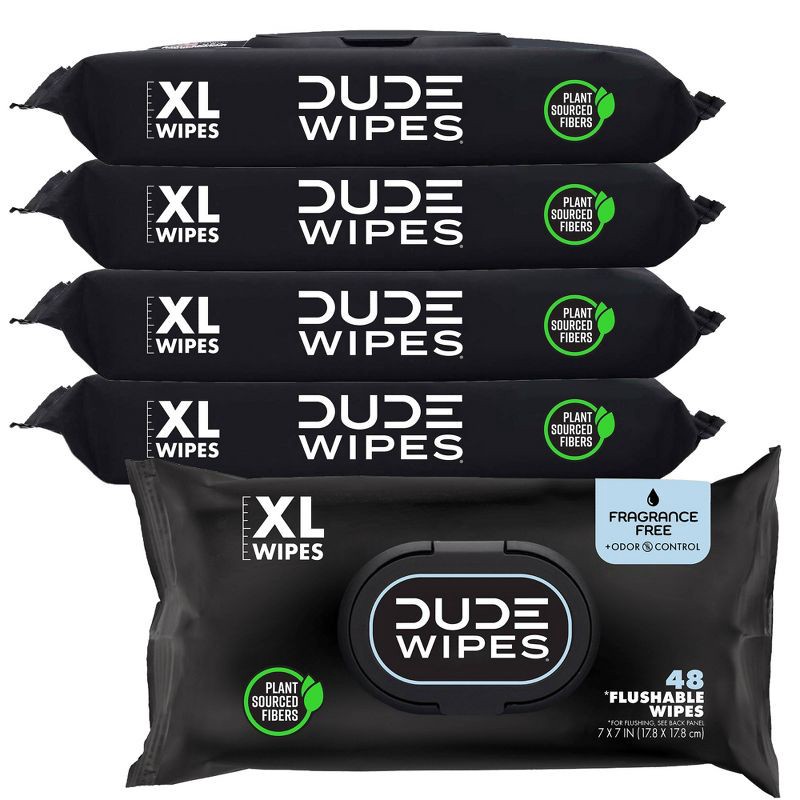 slide 1 of 8, Dude Wipes Personal Wipes Fragrance Free Plus Odor Control - 5pk/48ct, 5 ct; 48 ct