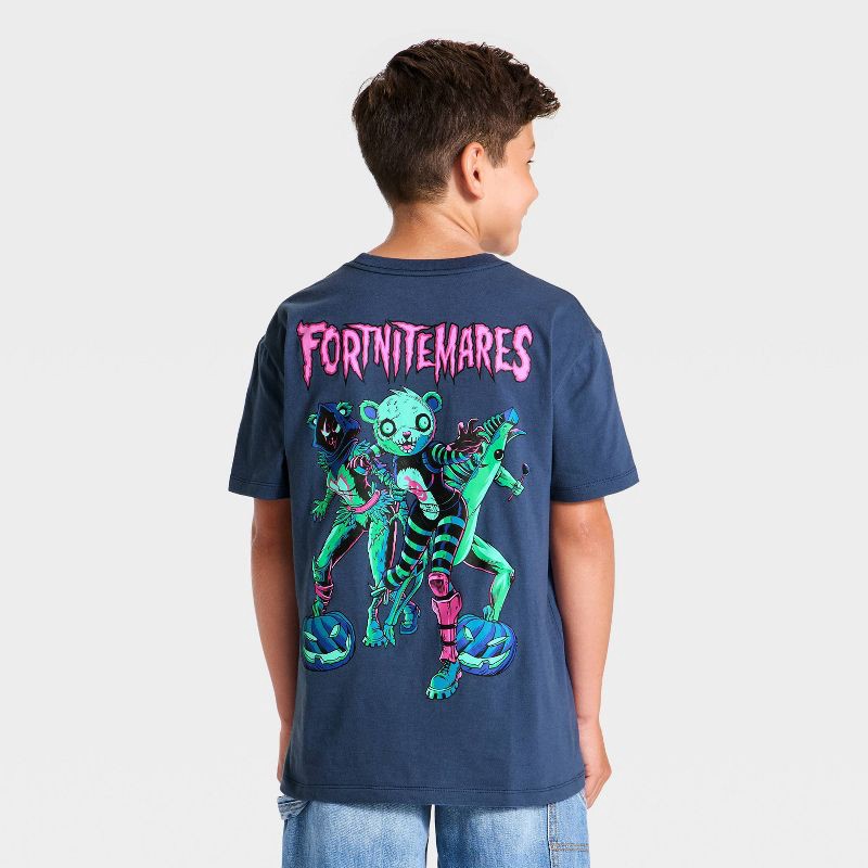 slide 1 of 4, Boys' Fortnite Halloween Oversized Front and Back Graphic T-Shirt - Navy Blue S, SM
