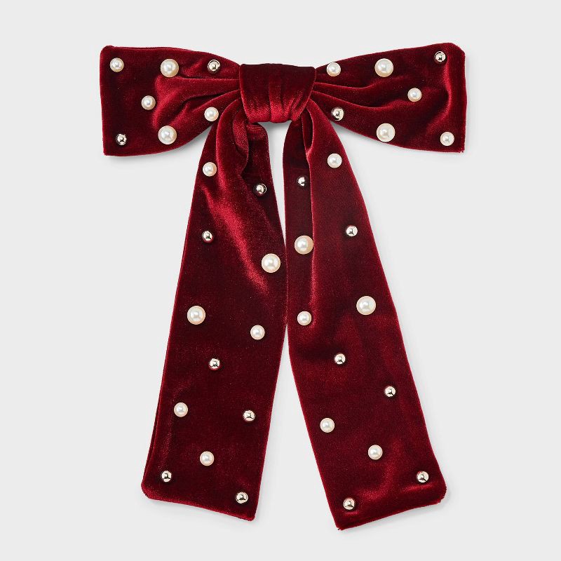 slide 1 of 3, Girls' Velvet Pearl Embellished Bow Hair Barrette - Cat & Jack™ Red, 1 ct