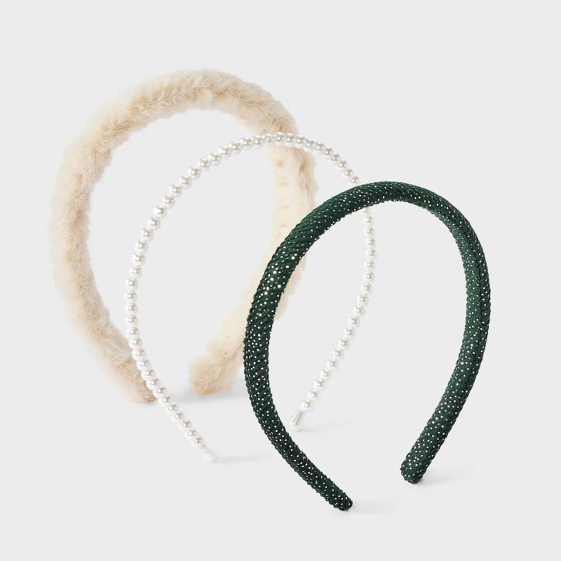 slide 1 of 3, Girls' Faux Fur/Pearl/Velvet Headband Set 3pk - Cat & Jack™ Green/Cream, 3 ct