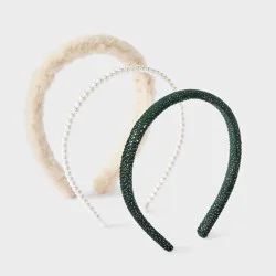 Girls' Faux Fur/Pearl/Velvet Headband Set 3pk - Cat & Jack™ Green/Cream