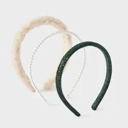 Girls' Faux Fur/Pearl/Velvet Headband Set 3pk - Cat & Jack™ Green/Cream