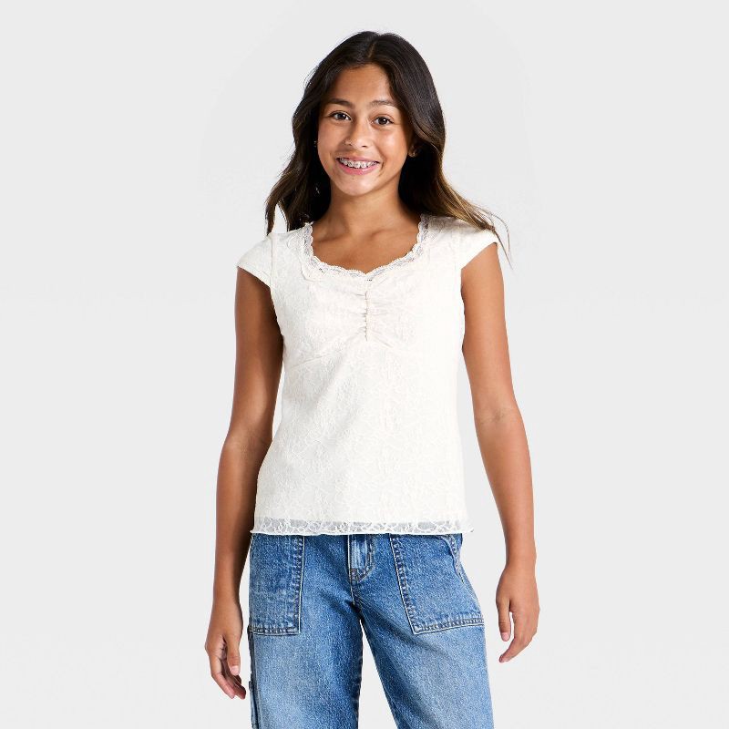 slide 1 of 3, Girls' Lace Cap Sleeve Top - art class™ Off-White S, SM