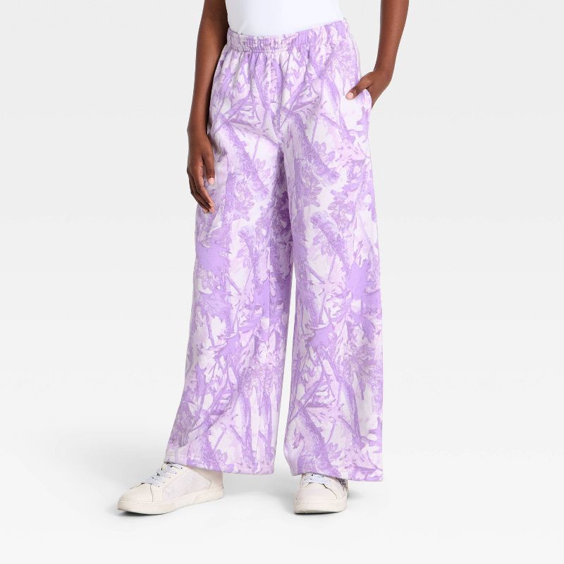 slide 1 of 3, Girls' Wide Leg Camo Fleece Sweatpant - art class™ Violet L, LG